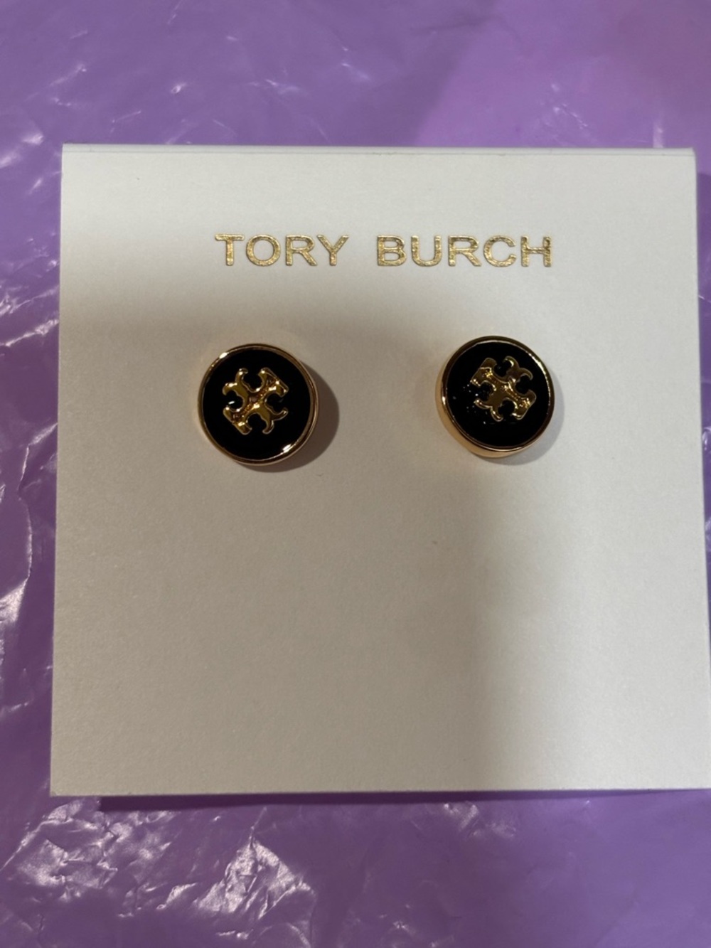 BNWT Tory Burch Black Enamel and Gold Logo Round Stud Earrings